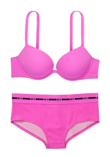 Комплект Бюстгалтер подвійний пуш-ап & Трусики хіпхагер Logo Cotton Pink Victoria's Secret